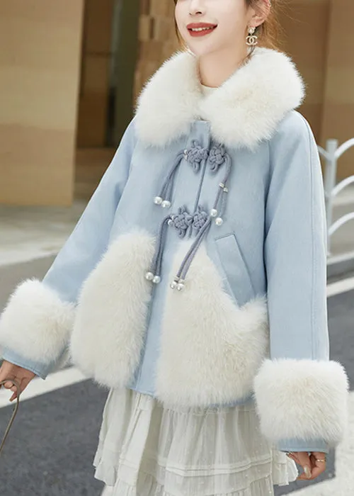 Art Blue Fur Collar Button Patchwork Duck Down Down Coats Winter RZ013