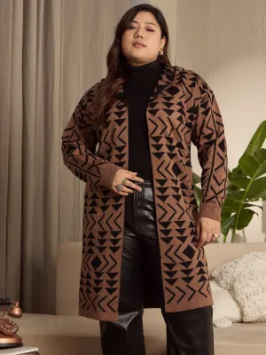 Berrylush Curve Women Brown & Black Geometric Printed Hood Neck Drop-Shoulder Sleeves Open-Front Ribbed Hem Longline Cardigan