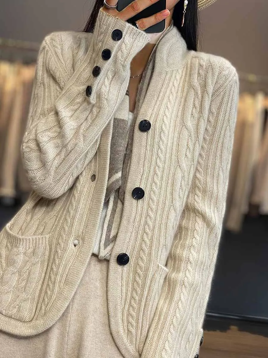 Braided Button Stand Collar Knitted Cardigan