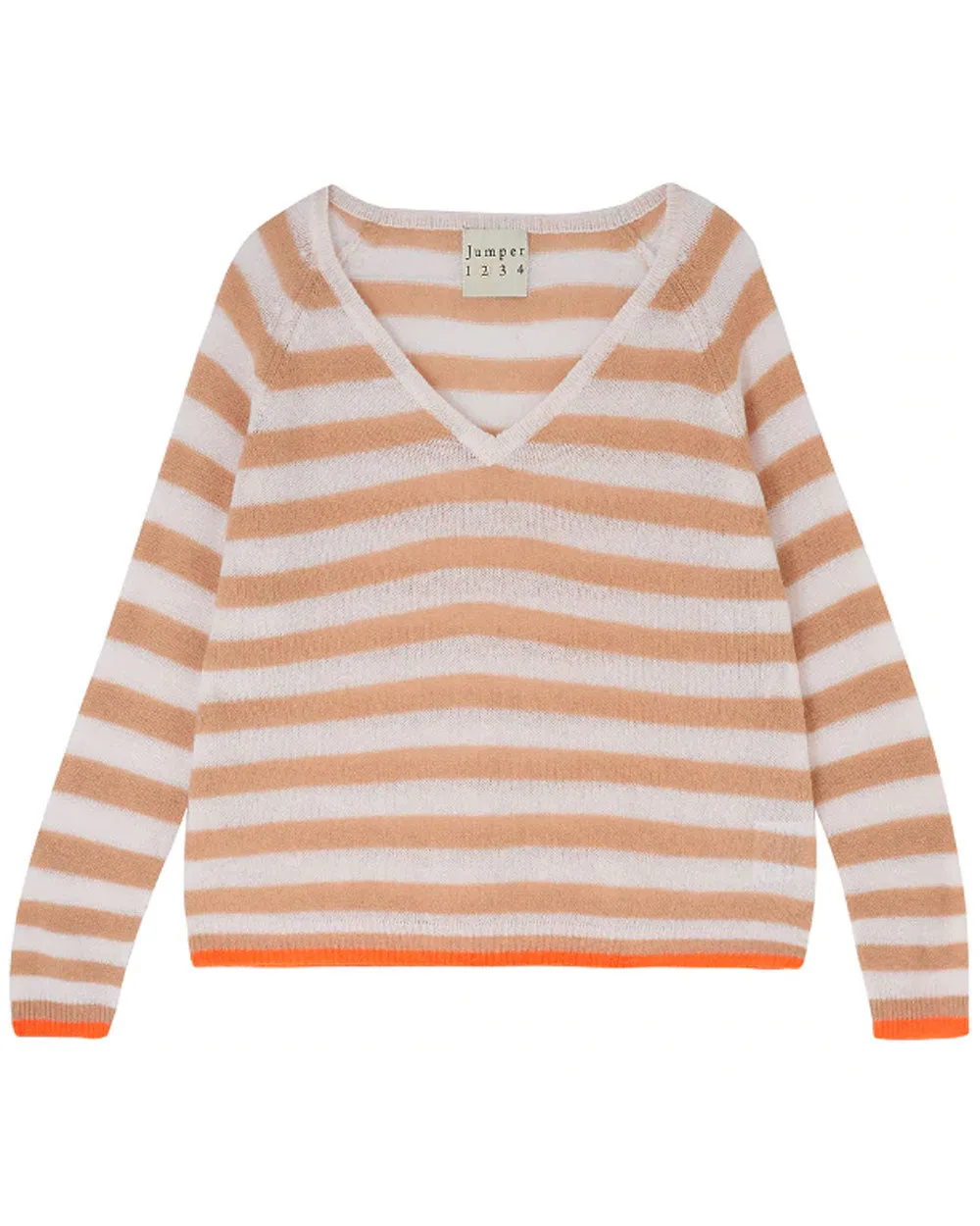 Camel Dawn and Neon Orange Stripe Vee Sweater