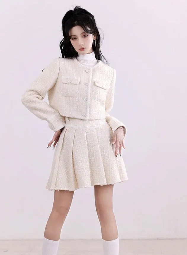 Chanel-Inspired Tweed Crop Jacket and Pleated Skirt Set - Ivory Elegance