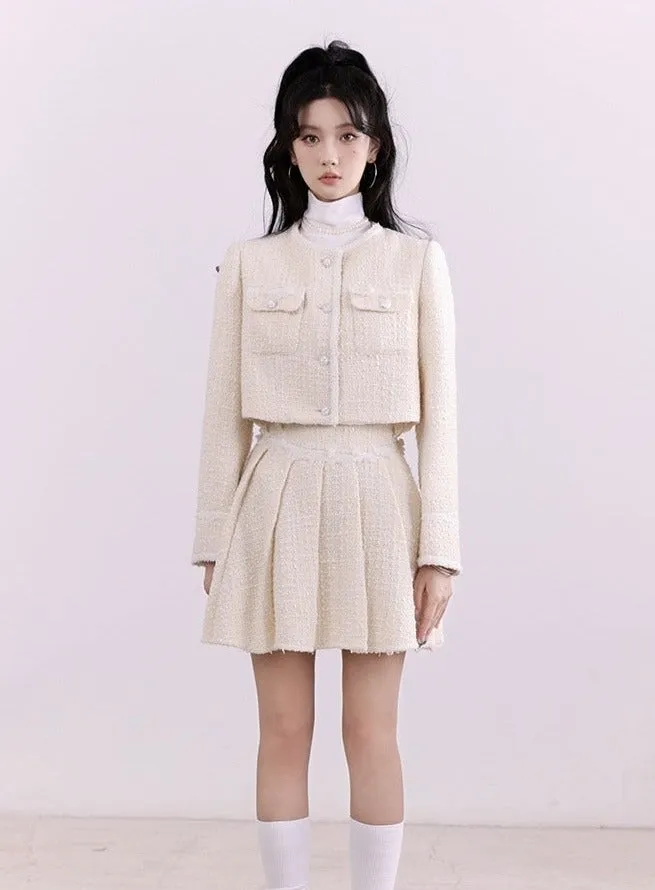 Chanel-Inspired Tweed Crop Jacket and Pleated Skirt Set - Ivory Elegance