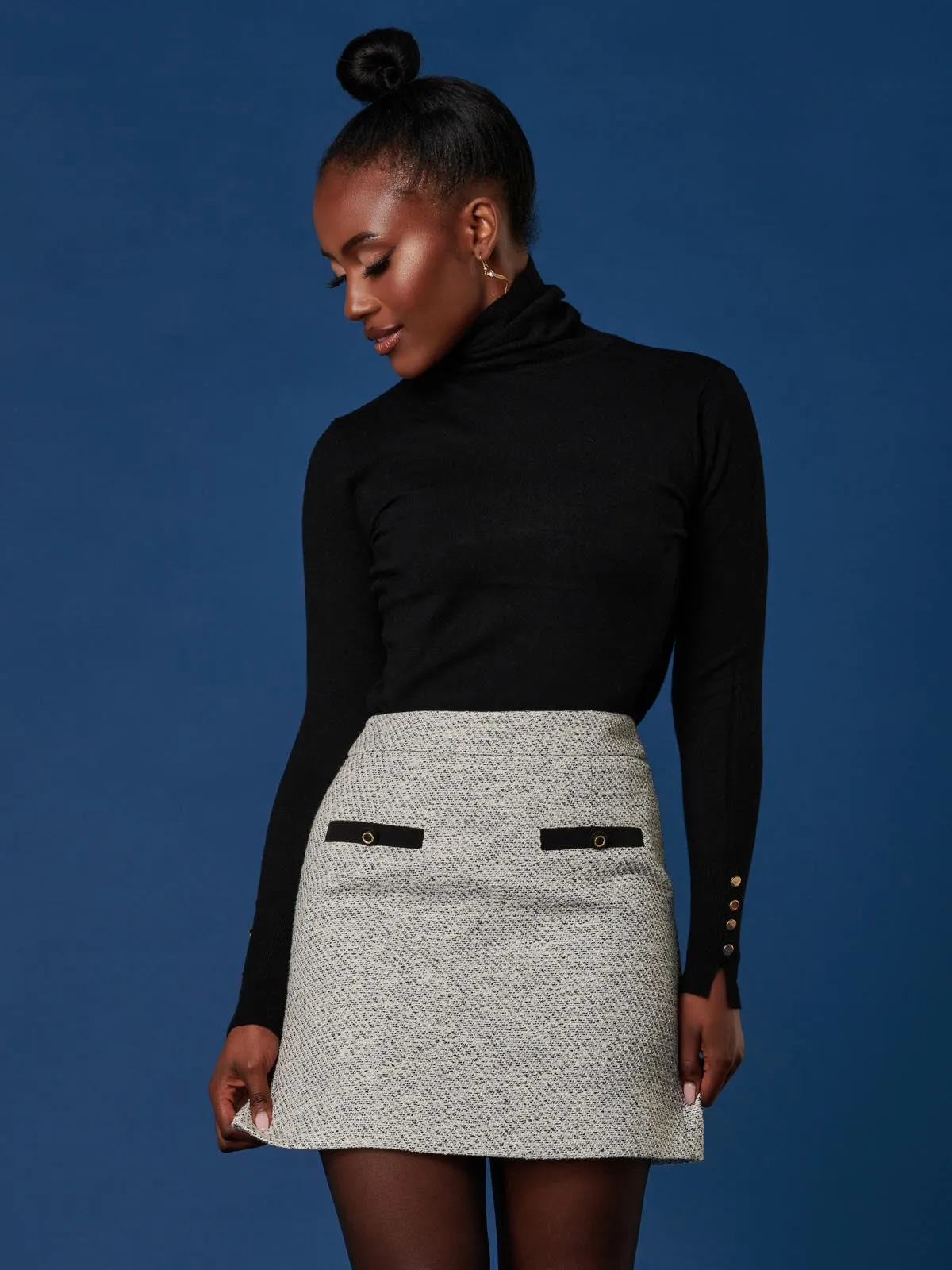 Contrast A-line Tweed Skirt, Monochrome