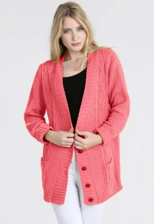 Coral Chunky Cable Knit Pocket Cardigan