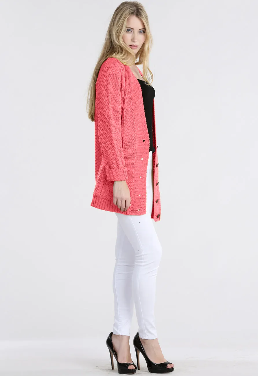 Coral Chunky Cable Knit Pocket Cardigan