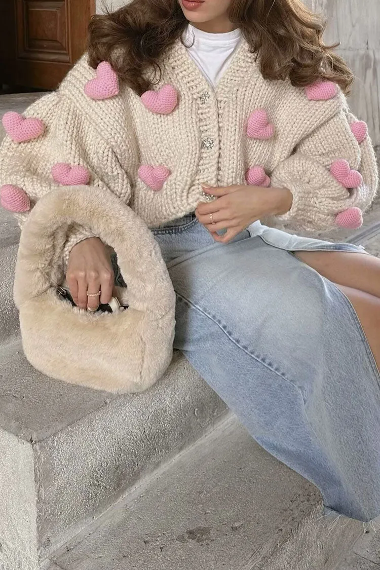 Cute 3D Heart Crystal Button Up Handmade Chunky Yarn Crochet Knit Cardigan