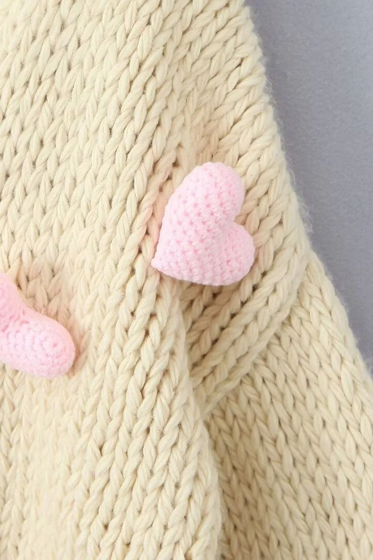 Cute 3D Heart Crystal Button Up Handmade Chunky Yarn Crochet Knit Cardigan