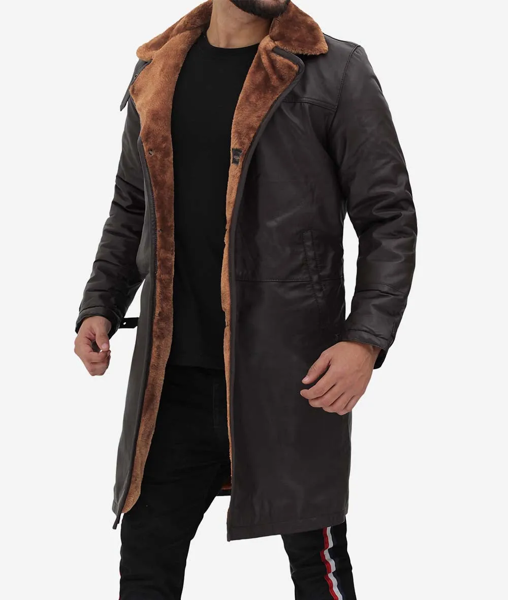 Dark Brown Leather Winter 3  4 Length Shearling Coat Mens