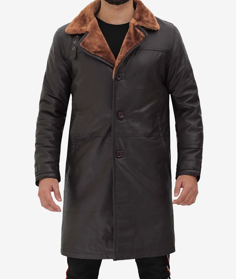 Dark Brown Leather Winter 3  4 Length Shearling Coat Mens