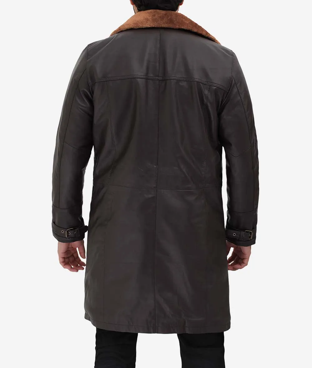 Dark Brown Leather Winter 3  4 Length Shearling Coat Mens