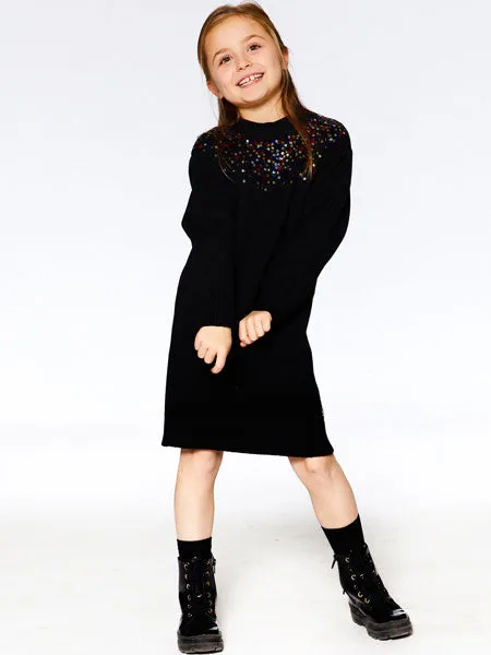 Deux Par Deux Black Knitted Dress With Sequins Girls 5-12