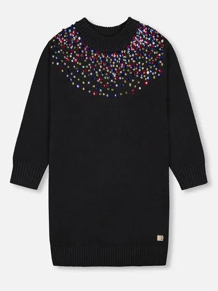 Deux Par Deux Black Knitted Dress With Sequins Girls 5-12