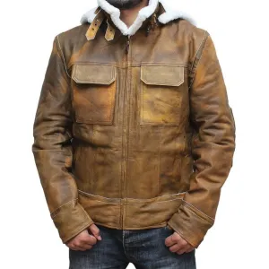 Distressed Brown Fur Hooded Leather Jacket