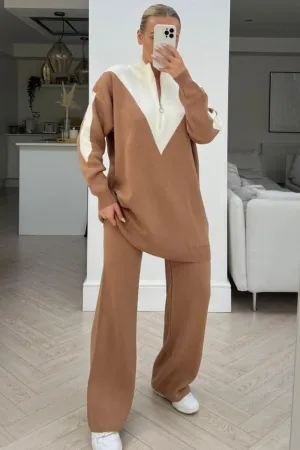 Ellis camel & cream long sleeve 1/4 zip neck loungewear set