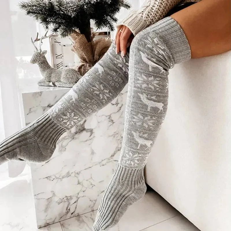 Festive Elk & Snowflake Knitted Over-the-Knee Socks – Stay Warm in Style!