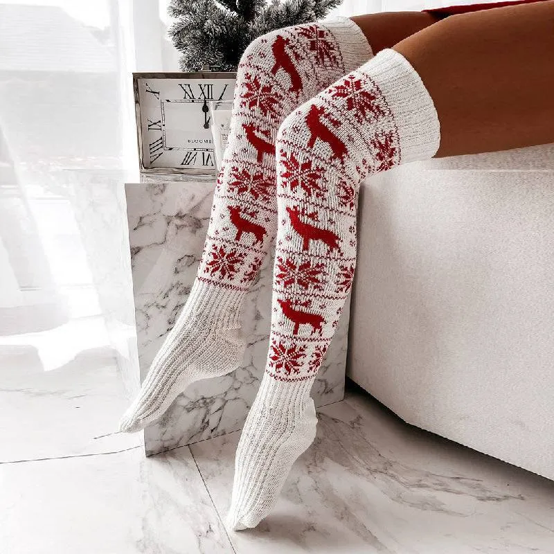 Festive Elk & Snowflake Knitted Over-the-Knee Socks – Stay Warm in Style!