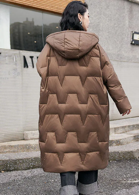 French Brown Solid Hooded Zippered Duck Down Puffers Coats Winter