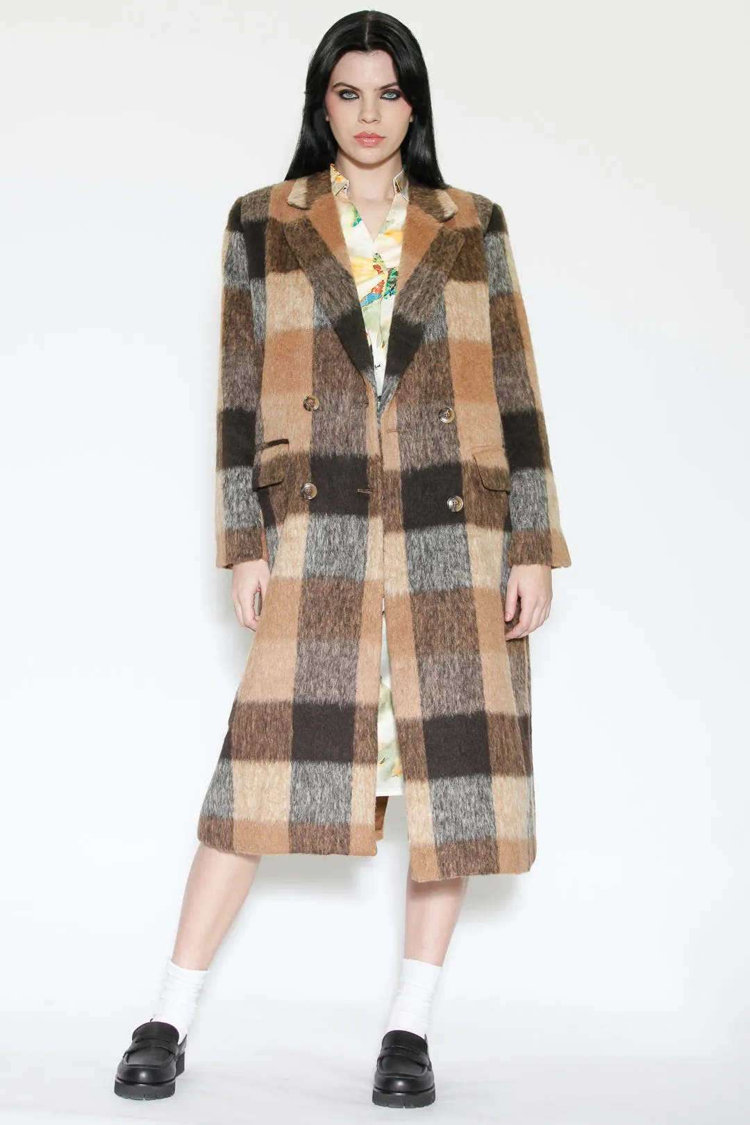 Heavy Wool Camel Brown Plaid Coat