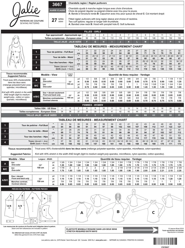 Jalie Pattern 3667 - MARIE-CLAUDE Raglan Pullovers