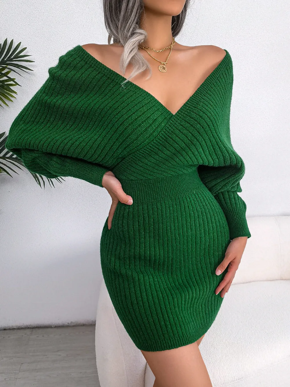 Knitted Cross V neck Sheath Dress