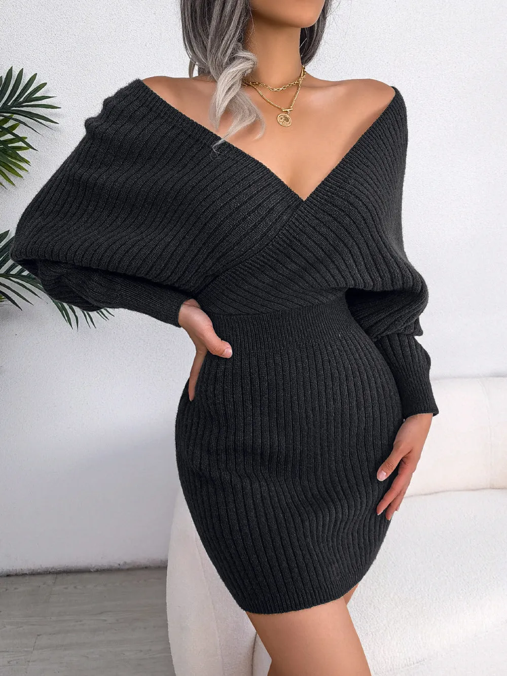 Knitted Cross V neck Sheath Dress