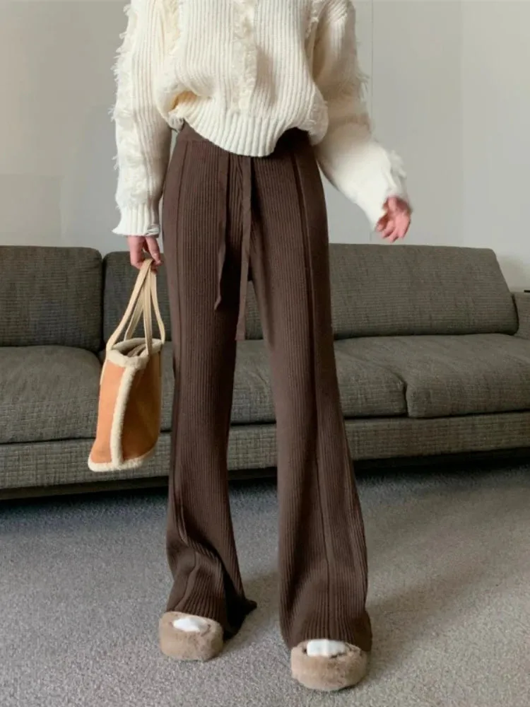 Knitted Flared Pants for Women Casual Cashmere Solid Loose Autumn/Winter Trousers