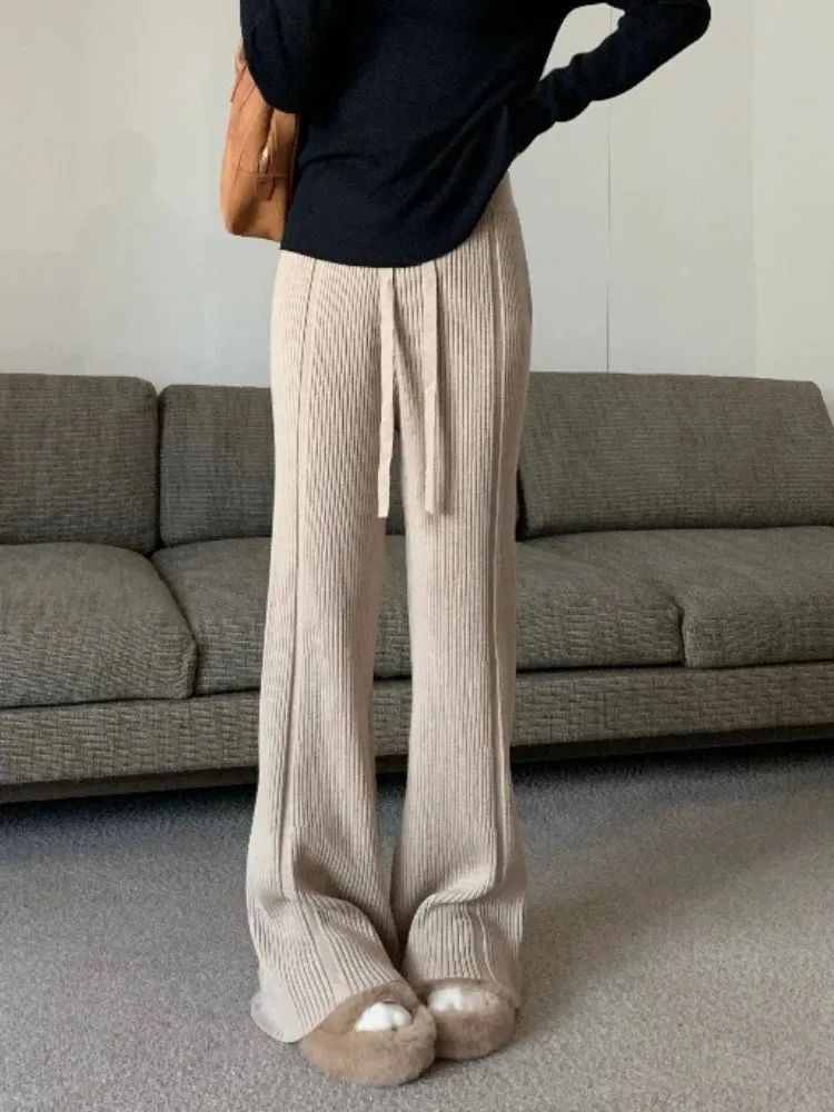 Knitted Flared Pants for Women Casual Cashmere Solid Loose Autumn/Winter Trousers