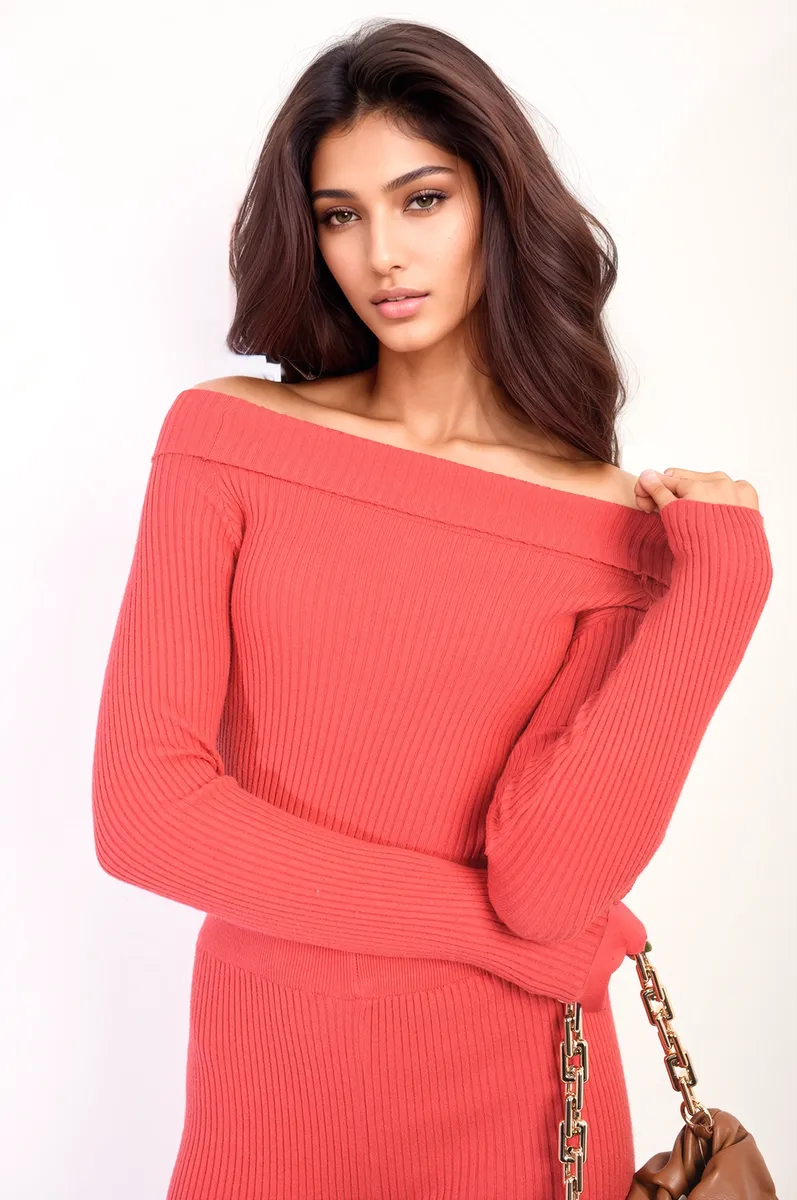 Knitted Long Sleeves Cropped Off Shoulder Top And Trousers Co-ord Set