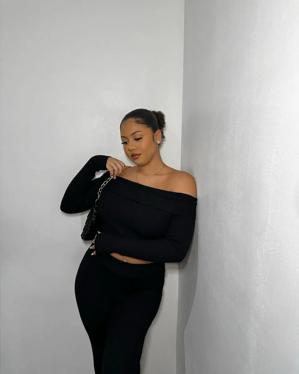 Knitted Long Sleeves Cropped Off Shoulder Top And Trousers Co-ord Set