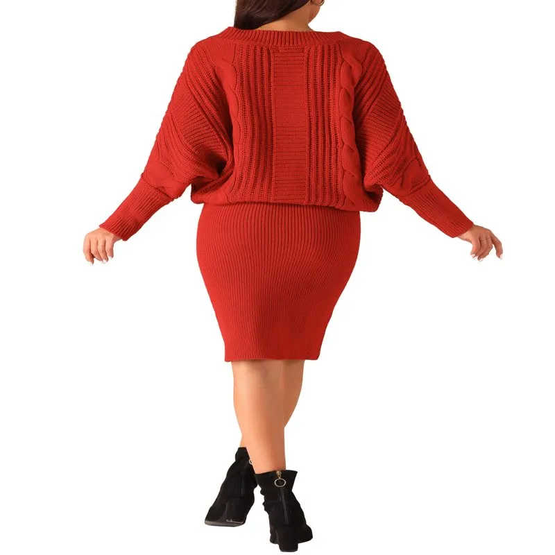 Long Batwing Sleeve Sweater Dress Cable Knit Chunky Bodycon Pullover Mini Dress