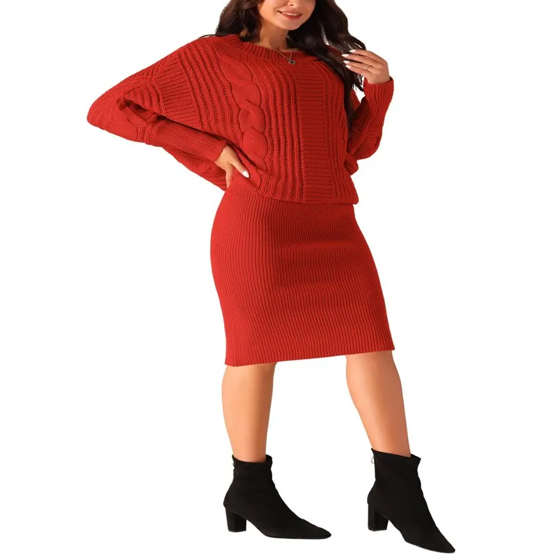 Long Batwing Sleeve Sweater Dress Cable Knit Chunky Bodycon Pullover Mini Dress