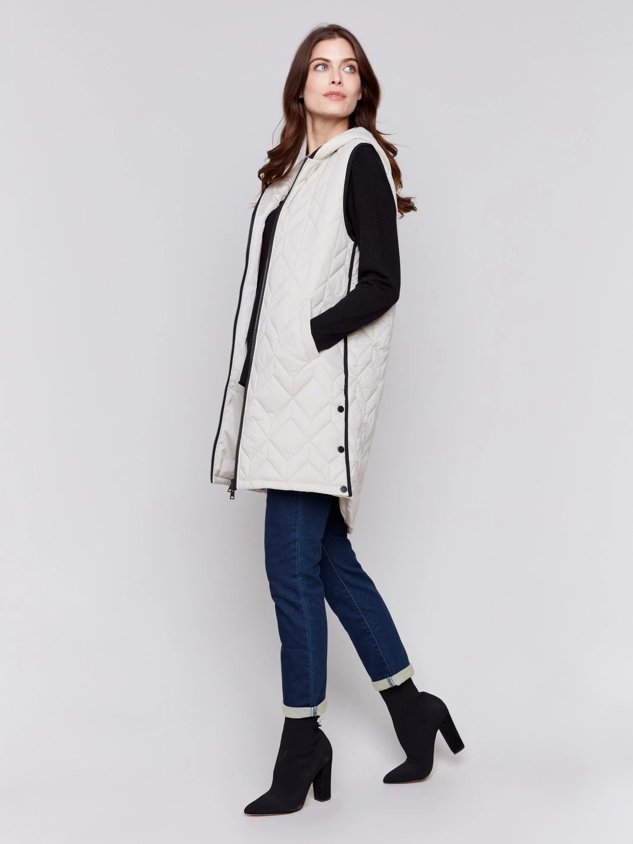 Long Quilted Puffer Vest with Hood - Almond