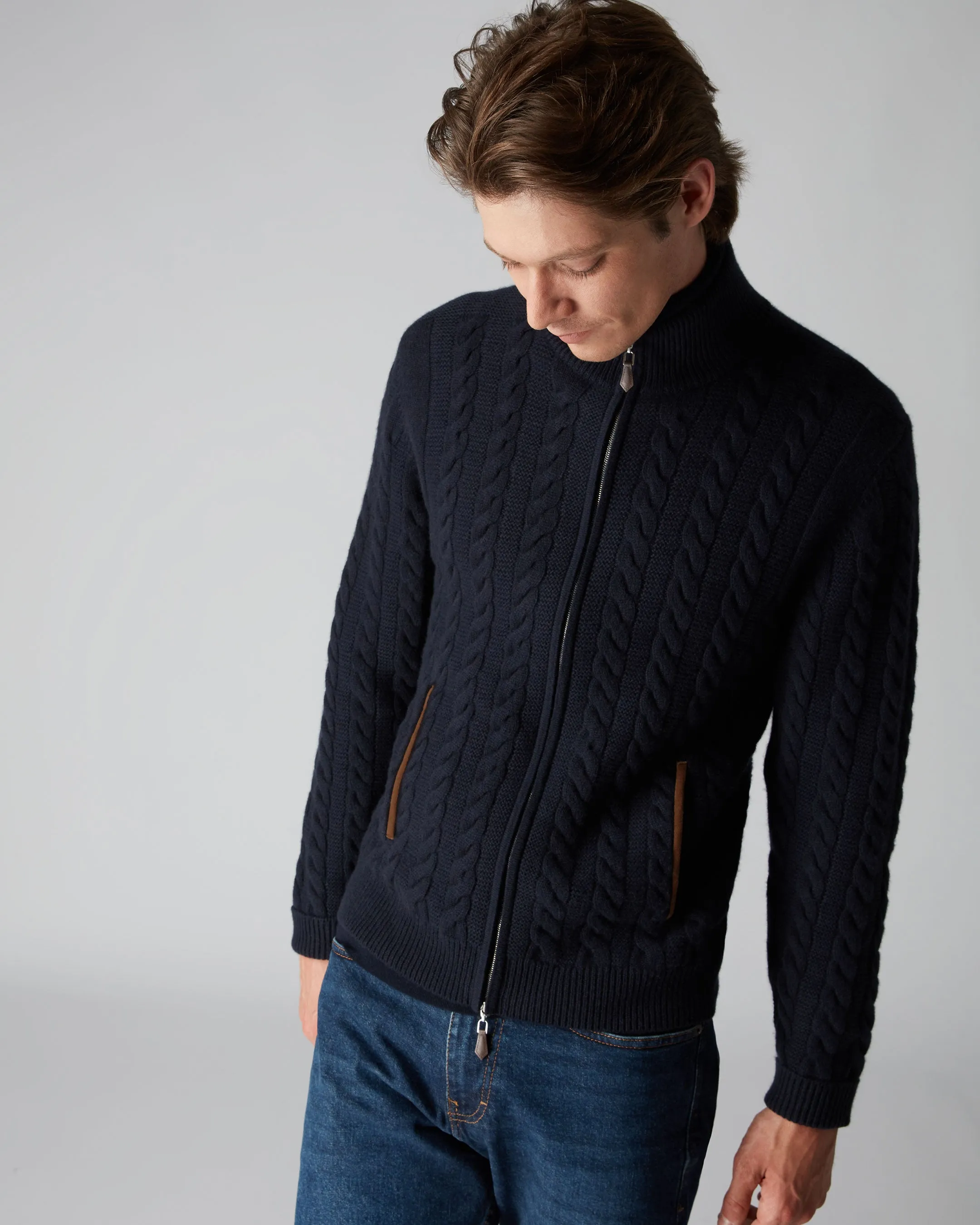 Men's Richmond Cable Cashmere Cardigan Navy Blue