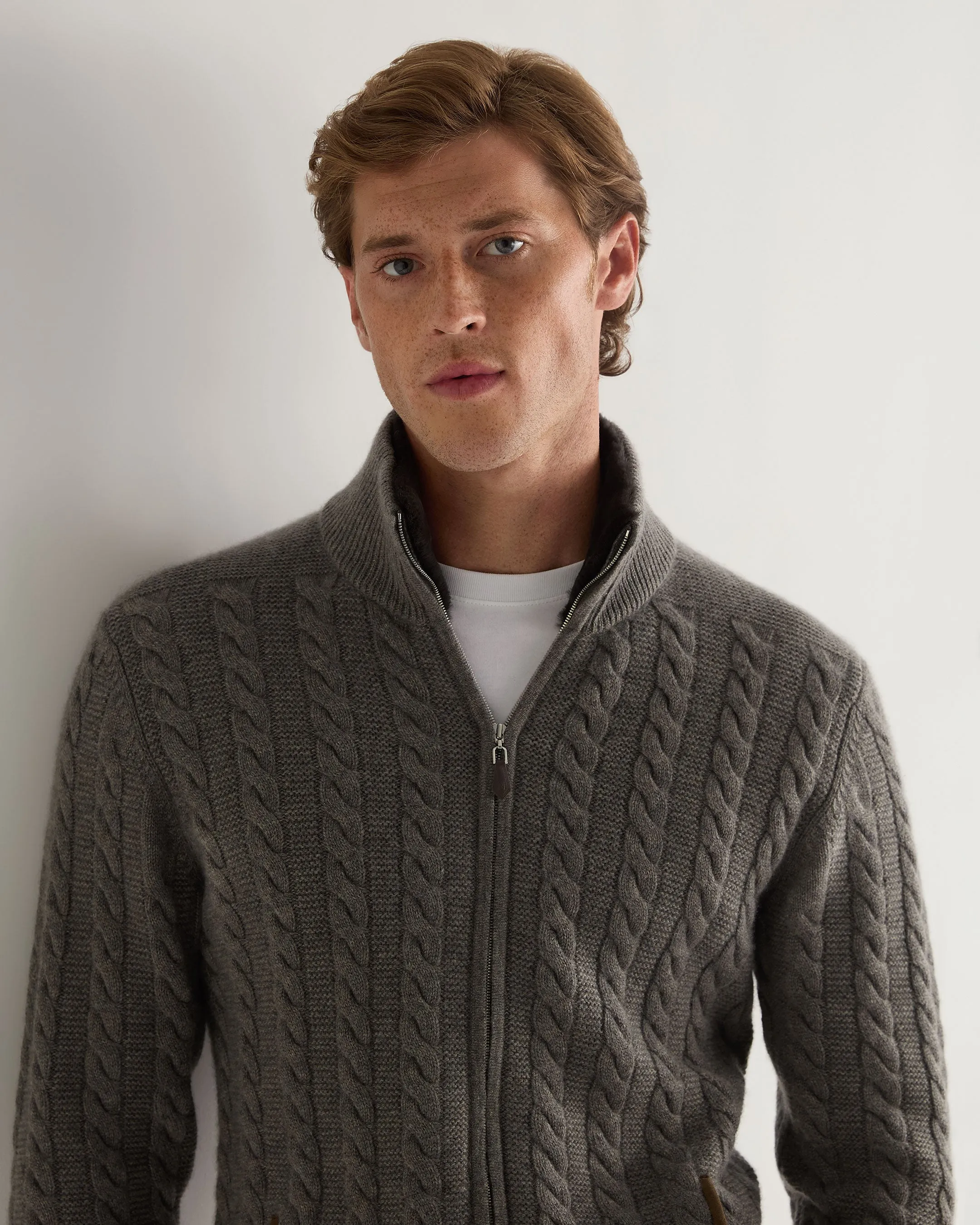 Men's Richmond Cable Cashmere Cardigan Wood Smoke Brown