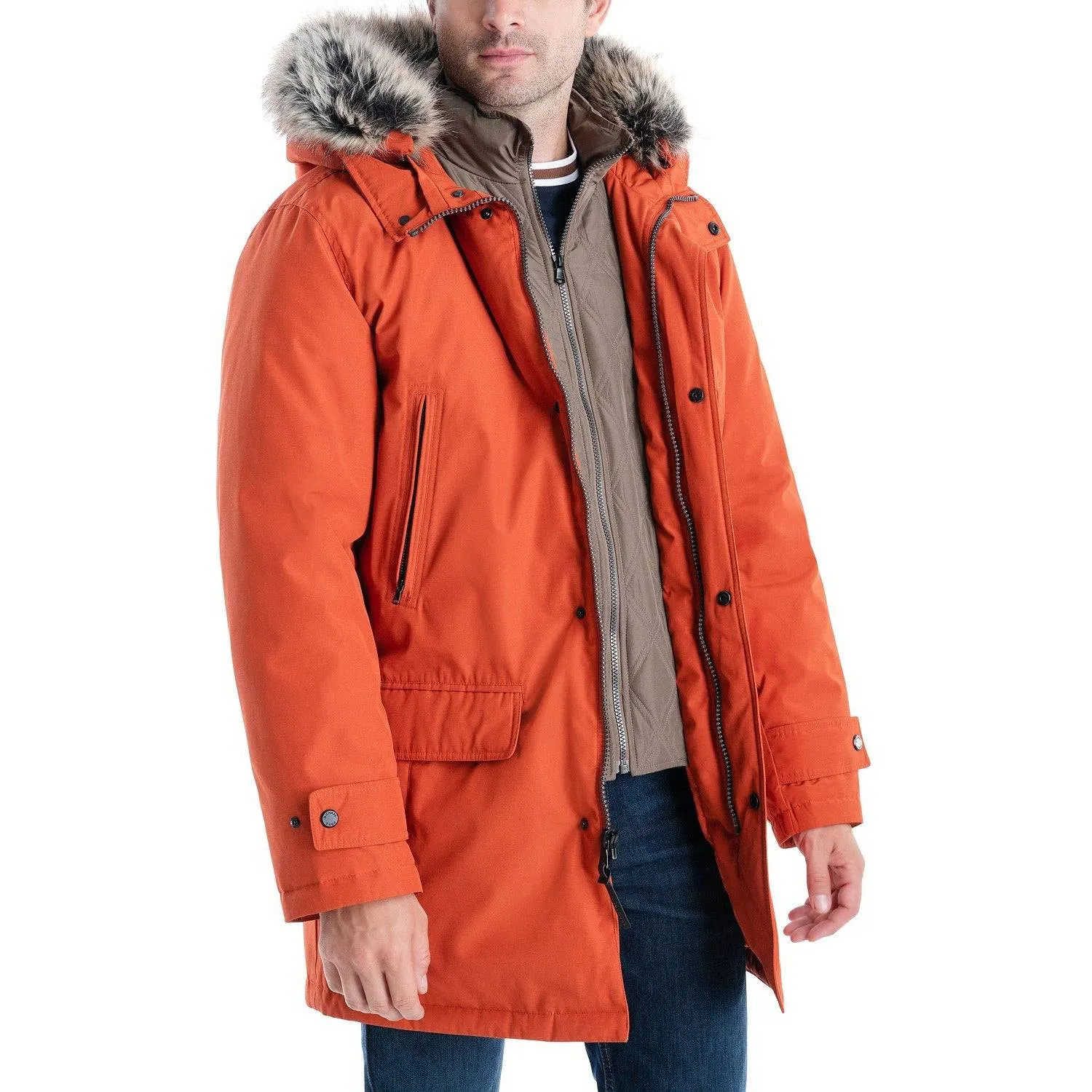 Michael Kors Men's Heavyweight Hooded Snorkel Parka with Stand Collar with Attached Faux-fur Trim Hood