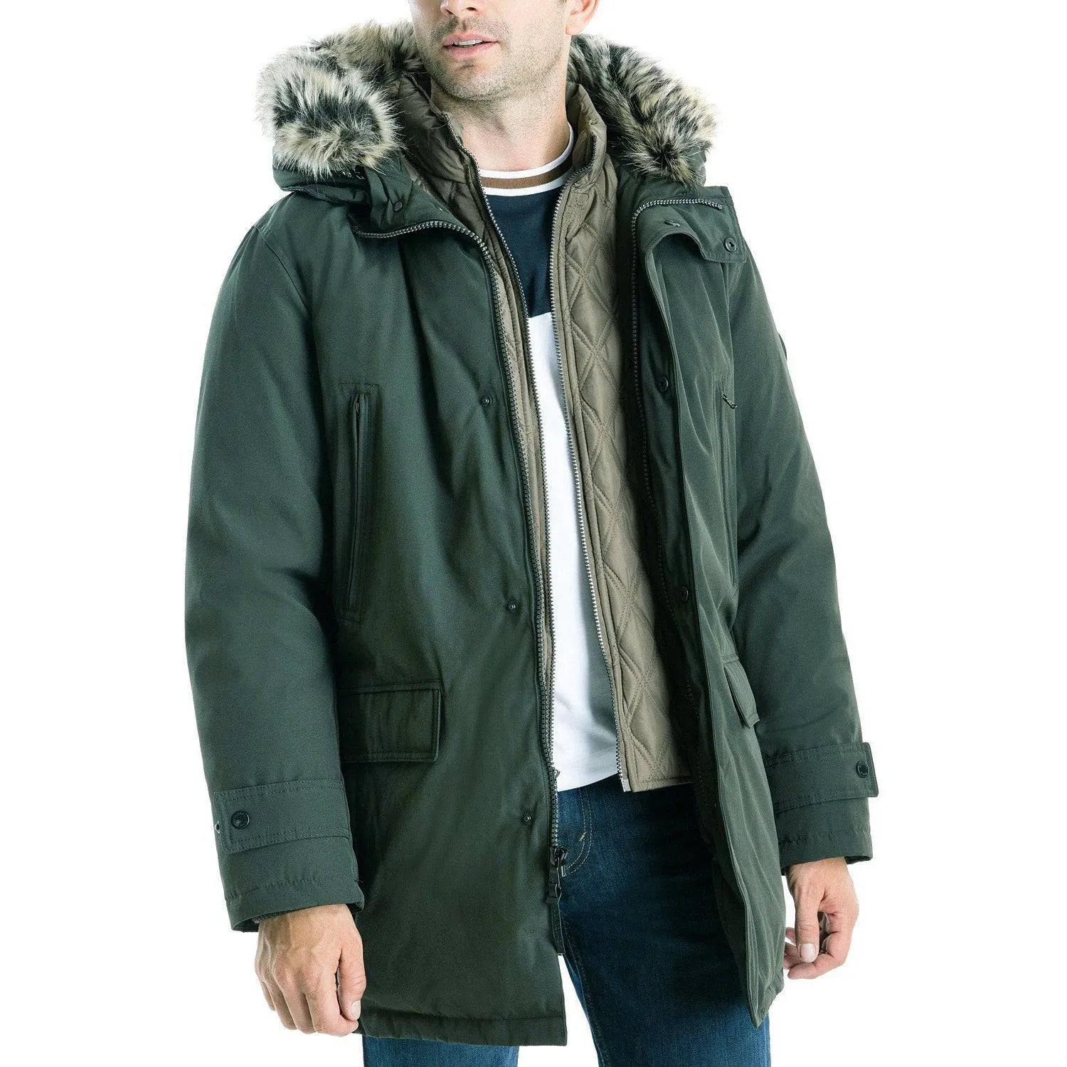 Michael Kors Men's Heavyweight Hooded Snorkel Parka with Stand Collar with Attached Faux-fur Trim Hood