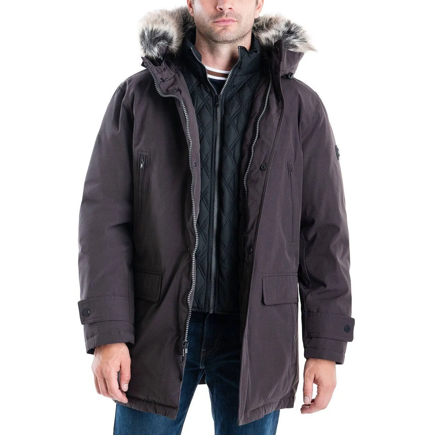 Michael Kors Men's Heavyweight Hooded Snorkel Parka with Stand Collar with Attached Faux-fur Trim Hood