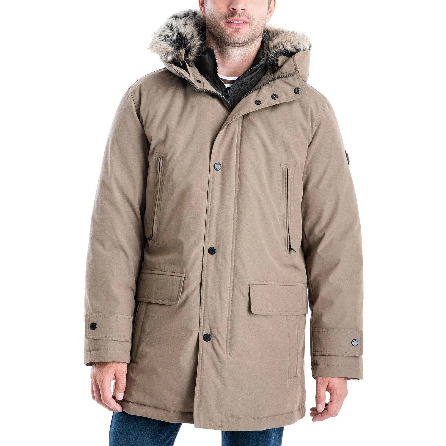 Michael Kors Men's Heavyweight Hooded Snorkel Parka with Stand Collar with Attached Faux-fur Trim Hood