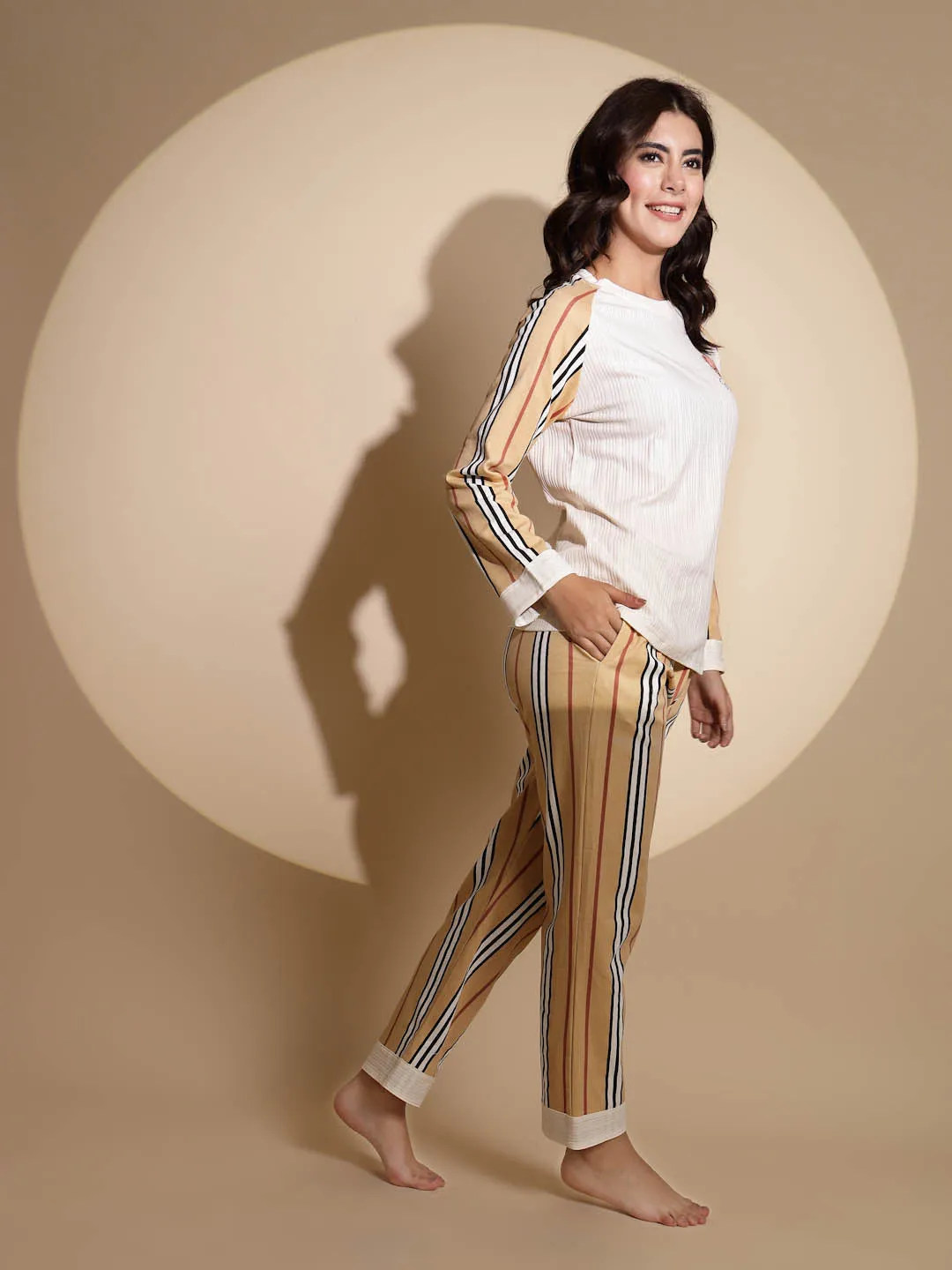 Multicolor Hosiery Striped Print Top & Pyjama Night Suit Set