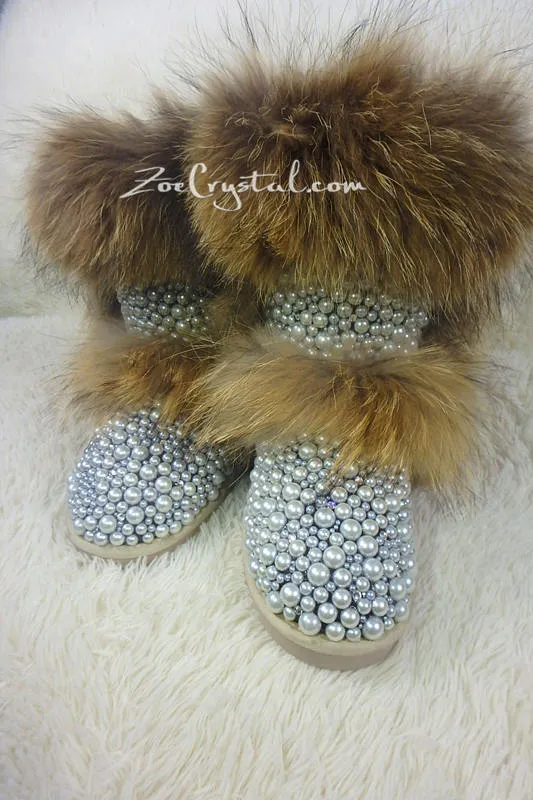 New Color**PROMOTION WINTER Bling and Sparkly Double Layers Fur SheepSkin Wool BOOTS w shinning Czech or Swarovski Crystals and Pearls