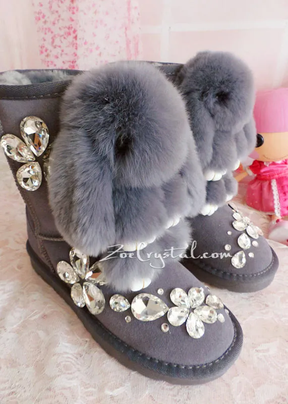 New **PROMOTION WINTER Bling and Sparkly Rabbit Fur SheepSkin Wool BOOTS w shinning Czech or Swarovski Crystals