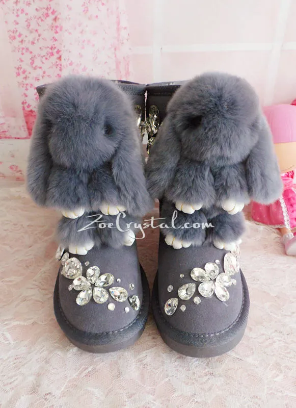 New **PROMOTION WINTER Bling and Sparkly Rabbit Fur SheepSkin Wool BOOTS w shinning Czech or Swarovski Crystals