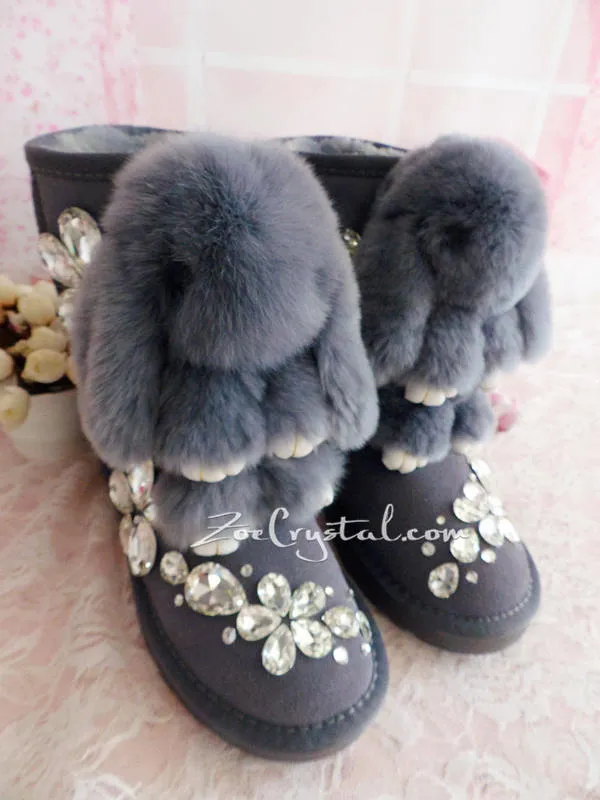 New **PROMOTION WINTER Bling and Sparkly Rabbit Fur SheepSkin Wool BOOTS w shinning Czech or Swarovski Crystals