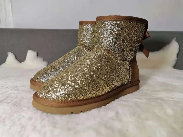 New**Super Bling and Sparkly SheepSkin Wool BOOTS w shinning glitter Bailey bow boots