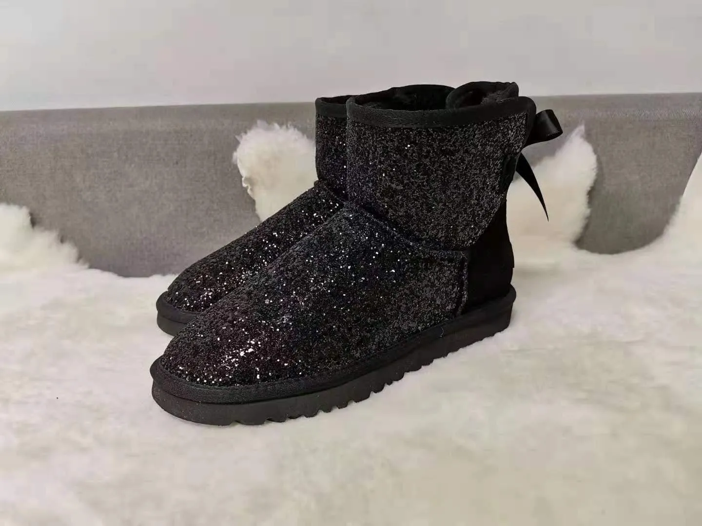 New**Super Bling and Sparkly SheepSkin Wool BOOTS w shinning glitter Bailey bow boots