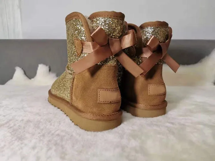 New**Super Bling and Sparkly SheepSkin Wool BOOTS w shinning glitter Bailey bow boots