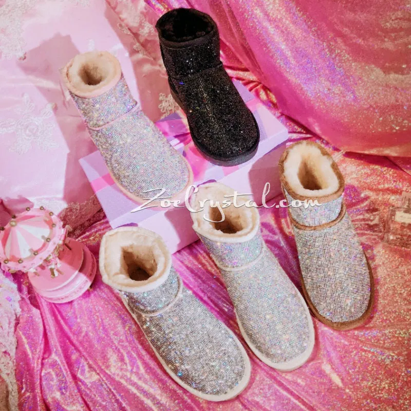 New**Super Bling and Sparkly Short SheepSkin Wool BOOTS w shinning Czech crystals