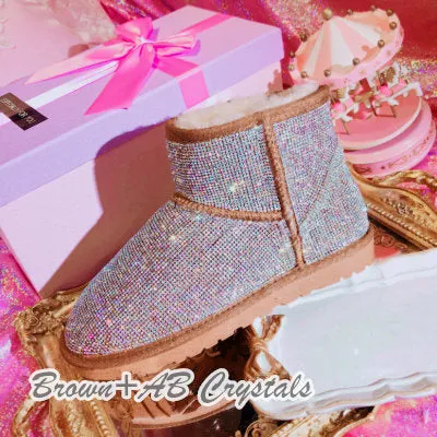 New**Super Bling and Sparkly Short SheepSkin Wool BOOTS w shinning Czech crystals