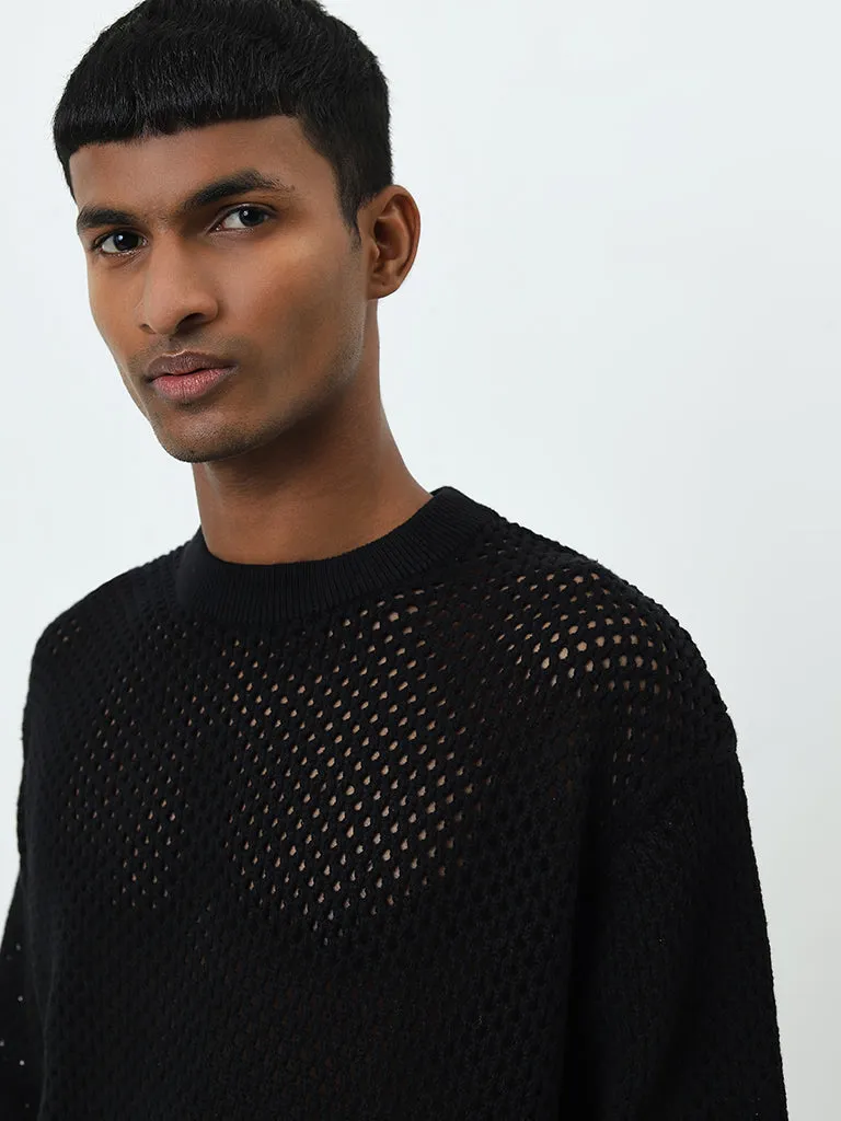 Nuon Black Knit-Textured Relaxed-Fit Cotton Sweater