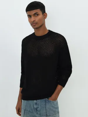 Nuon Black Knit-Textured Relaxed-Fit Cotton Sweater